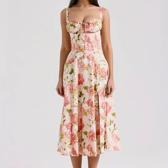 French Floral Print Spaghetti Strap Mid-Calf Dress - Picture 6 of 10